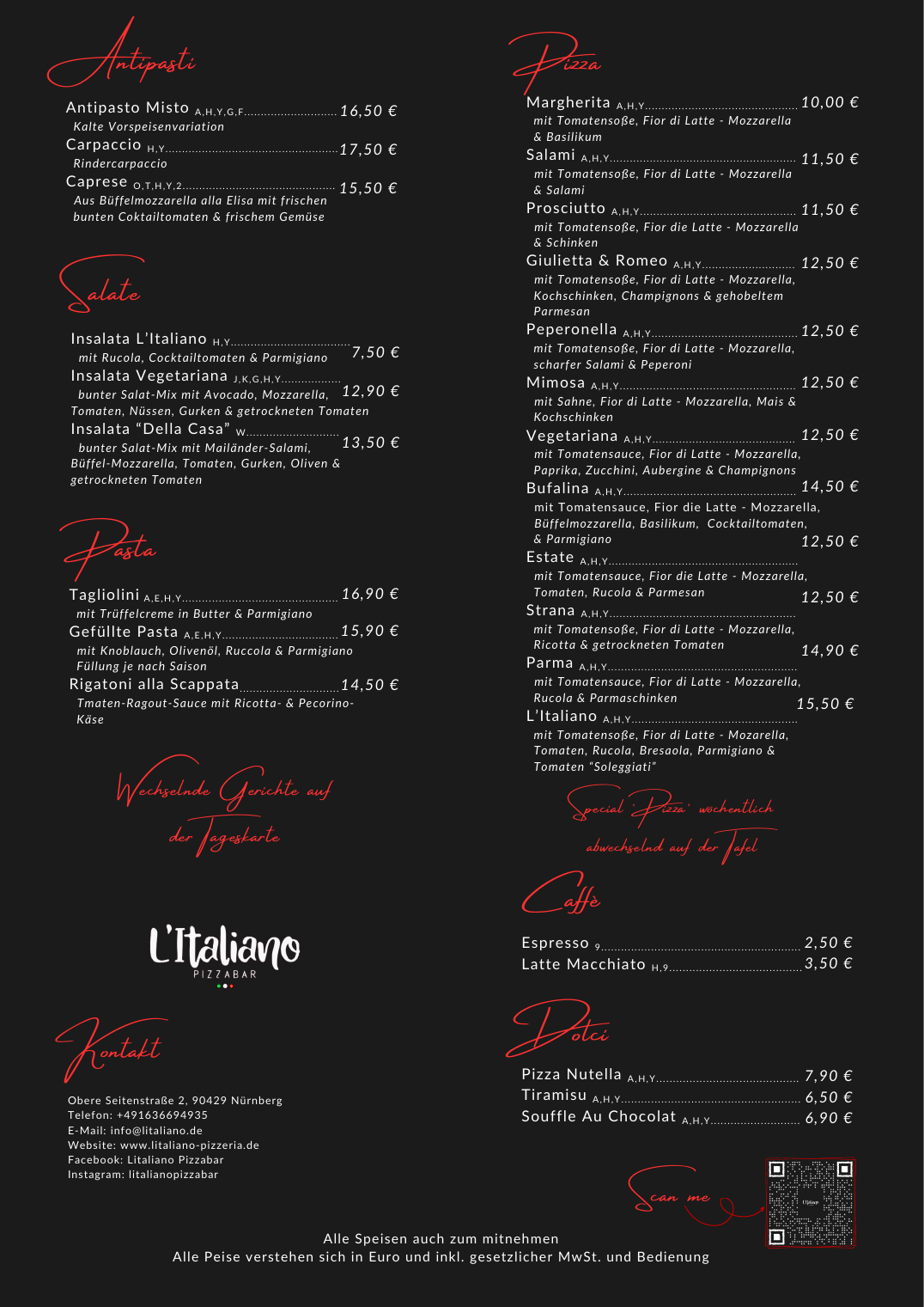 Speisekarte von L’Italiano mit Antipasti, Salaten, Pasta, Pizza, Kaffee und Dolci